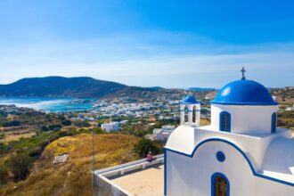 White church and small harbor on Lipsi