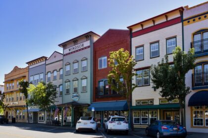 Row of colorful storefronts in Windsor, CA