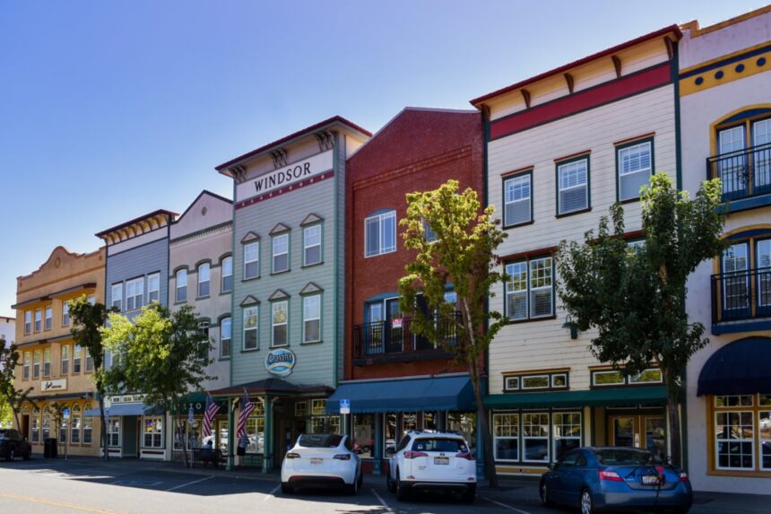Row of colorful storefronts in Windsor, CA