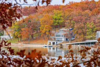 Dreamy view of the fall color of a hiking trail in Lake of the Ozarks state Park at Missouri