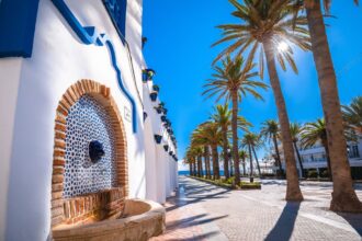 Whitewashed facades and rows of palm trees in Nerja, Spain