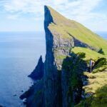Adventure seekers stand atop stunning Mylingur cliffs in the Faroe Islands, capturing the majestic beauty of the rugged landscape.