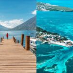 Comparison photo split photo with Lake Atitlan on one side and Caye Caulker on the other