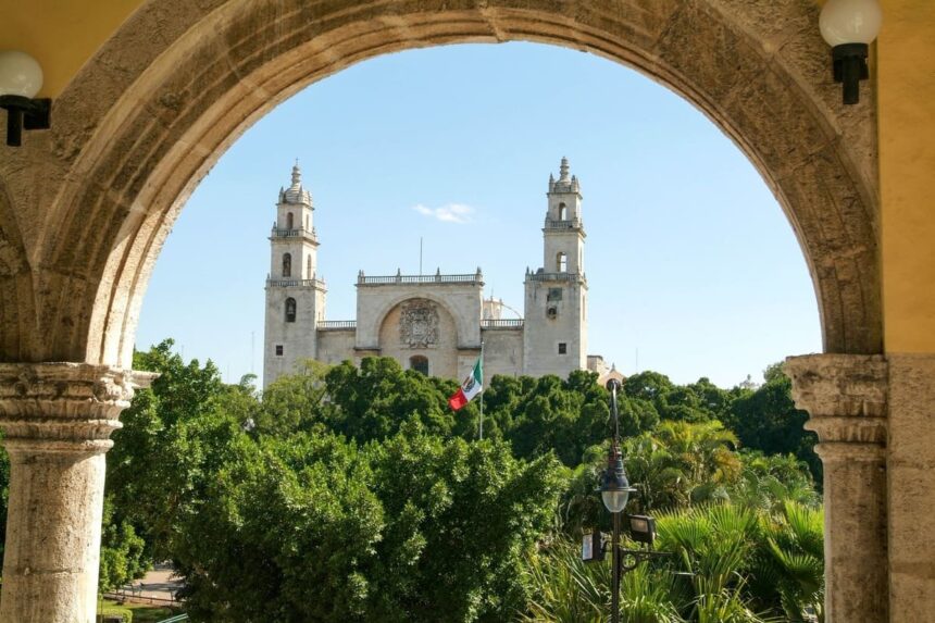 Merida Cathedral Framed By An Arcade. Yucatan Peninsula, Mexico