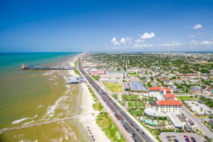 Aerial view of Galveston shoreline