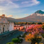 Mountain view from historic plaza in Antigua, Guatamala
