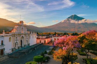Mountain view from historic plaza in Antigua, Guatamala