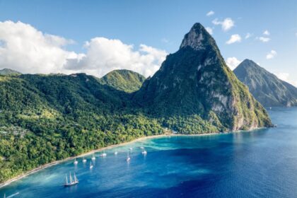 Aerial view of yachts anchored in front of the Gros Piton mountain peak in Soufriere, Saint Lucia