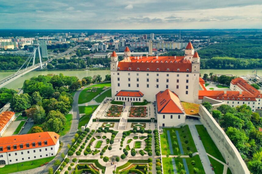 Bratislava Castle towering over Danube River