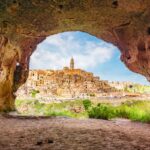 View of Matera, Italy through ancient cave