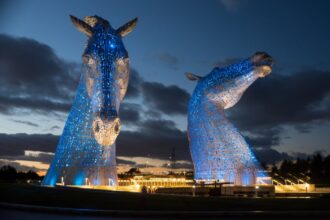 Horse Head Sculptures in Falkirk, Scotland at night