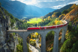 Aerial View Of A Heritage Train In Switzerland
