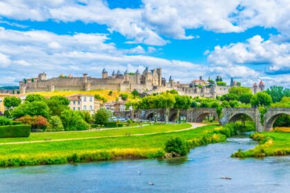 Old town of Carcassonne and pont vieux in France