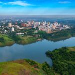 Aerial view of the Paraguayan city of Ciudad del Este and Friendship Bridge, connecting Paraguay and Brazil through the border over the Parana River