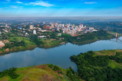 Aerial view of the Paraguayan city of Ciudad del Este and Friendship Bridge, connecting Paraguay and Brazil through the border over the Parana River