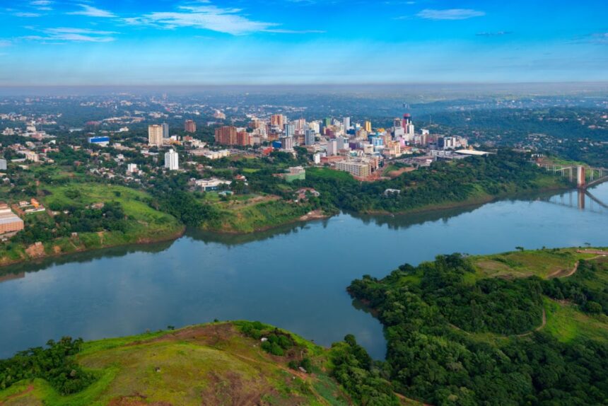 Aerial view of the Paraguayan city of Ciudad del Este and Friendship Bridge, connecting Paraguay and Brazil through the border over the Parana River