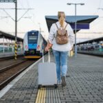 Woman with luggage at train station
