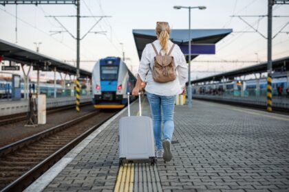 Woman with luggage at train station