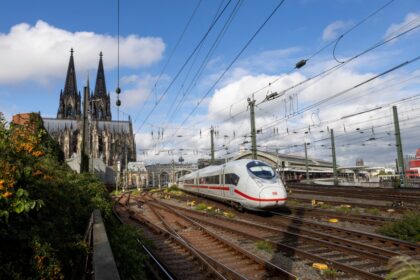 Train zooming through Cologne, Germany