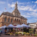 Street market in Ipswich, UK on sunny day