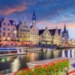 Bruges, Belgium riverfront at night