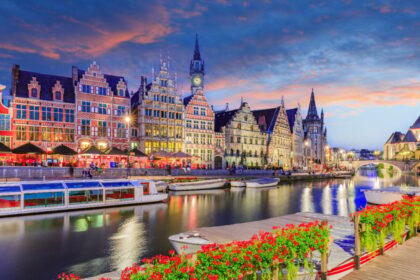 Bruges, Belgium riverfront at night