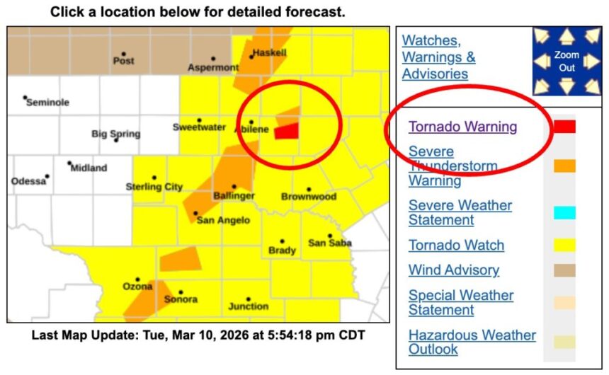 Tornado Warning Remains in Effect for Callahan County Near Putnam, Texas