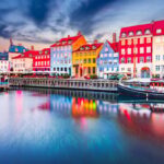 Colorful row of waterfront homes in Copenhagen