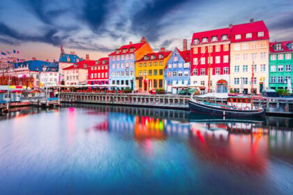 Colorful row of waterfront homes in Copenhagen