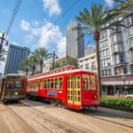 Red trolleys in downtown New Orleans
