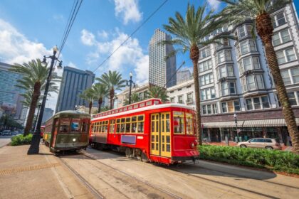 Red trolleys in downtown New Orleans