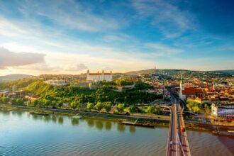 Bratislava aerial cityscape view on the old town with Saint Martin