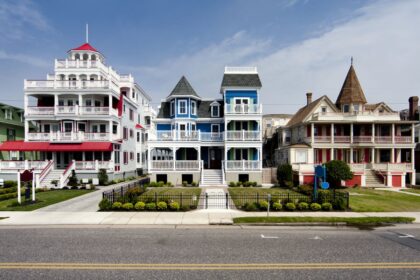 Historic row of buildings on coast in Cape May, NJ