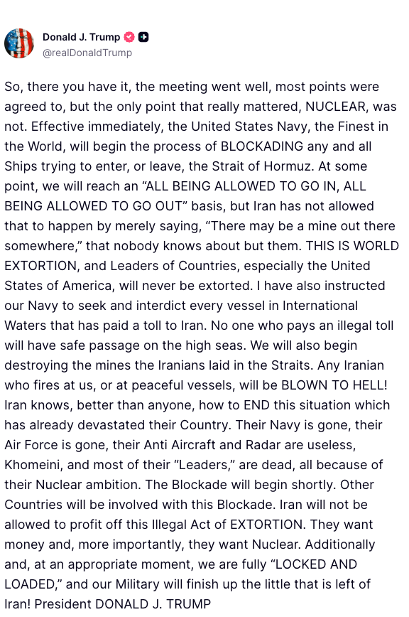 Trump Threatens Strait Of Hormuz Blockade After US-Iran Ceasefire Talks End Without Agreement