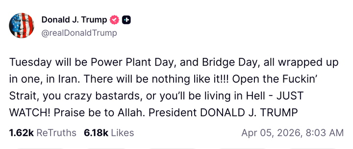 Trump's Unhinged Easter Message To Iran: 'Open The F**kin' Strait, You Crazy Bastards!'