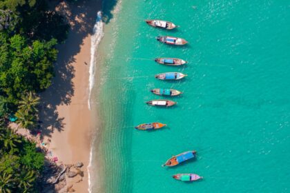 Banner Travel photo Thailand. Aerial view turquoise water, tropical beach Phuket with longtail boat.