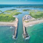 Aerial view of Charlestown, Rhode Island coastline and canal
