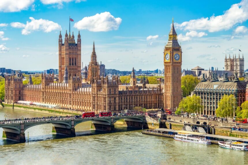London cityscape with Houses of Parliament and Big Ben tower, UK