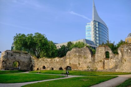 Ruins of Reading, UK backdropped by modern high-rise