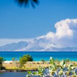 View to the active volcano in Montserrat with a large ash cloud.